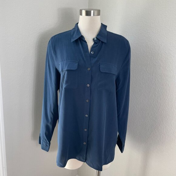 NEW J Jill Womens Large Marine Blue 100% Silk Button Up Blouse Long Sleeve Shirt - Picture 1 of 10